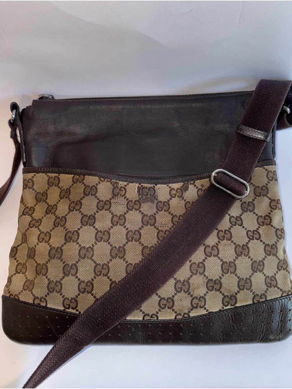 Gucci GG Beige Brown Monogram Canvas Crossbody Messenger Bag